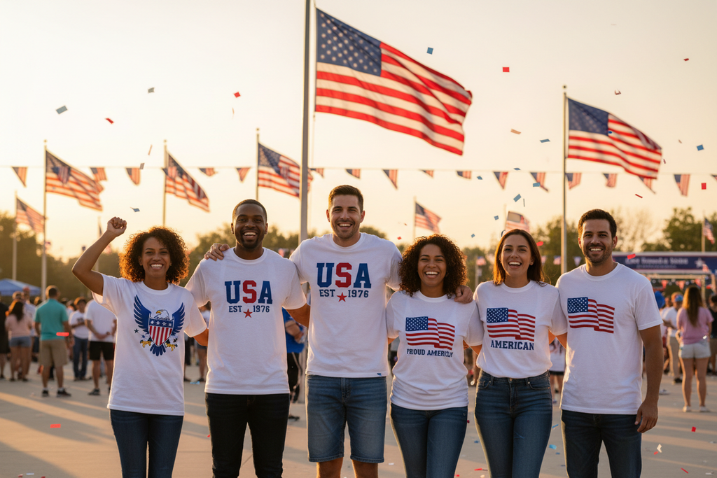 Group of Americans wearing 250 Years of Freedom T-Shirts at July 4th celebration