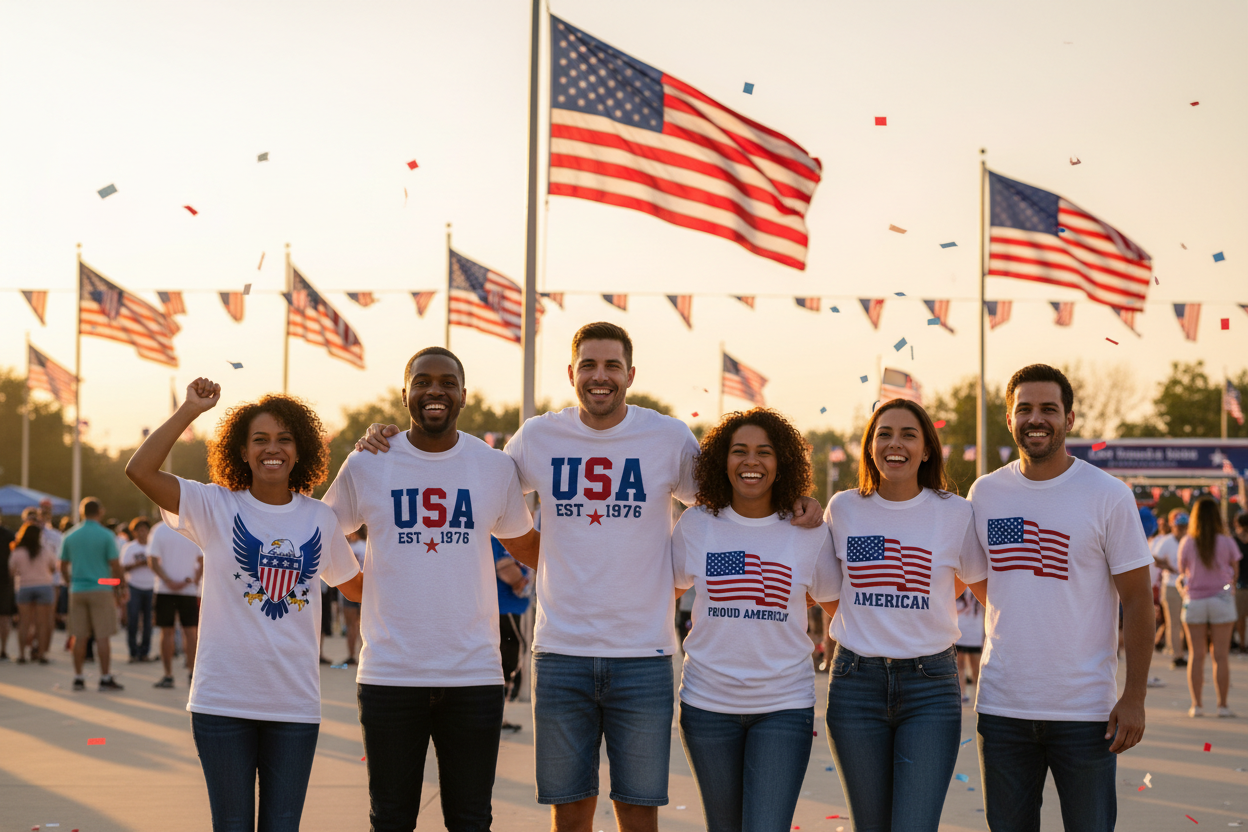 Group of Americans wearing 250 Years of Freedom T-Shirts at July 4th celebration