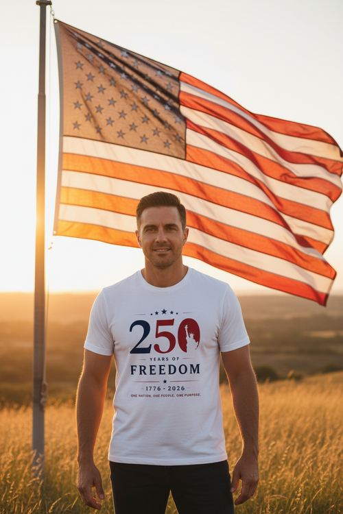 Man wearing 250 Years of Freedom T-Shirt outdoors with American flag