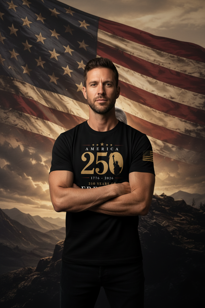 Man wearing Eagle Edition T-Shirt with American flag sunset backdrop