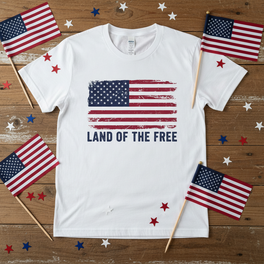 Flat lay of 250 Years of Freedom T-Shirt with American flags