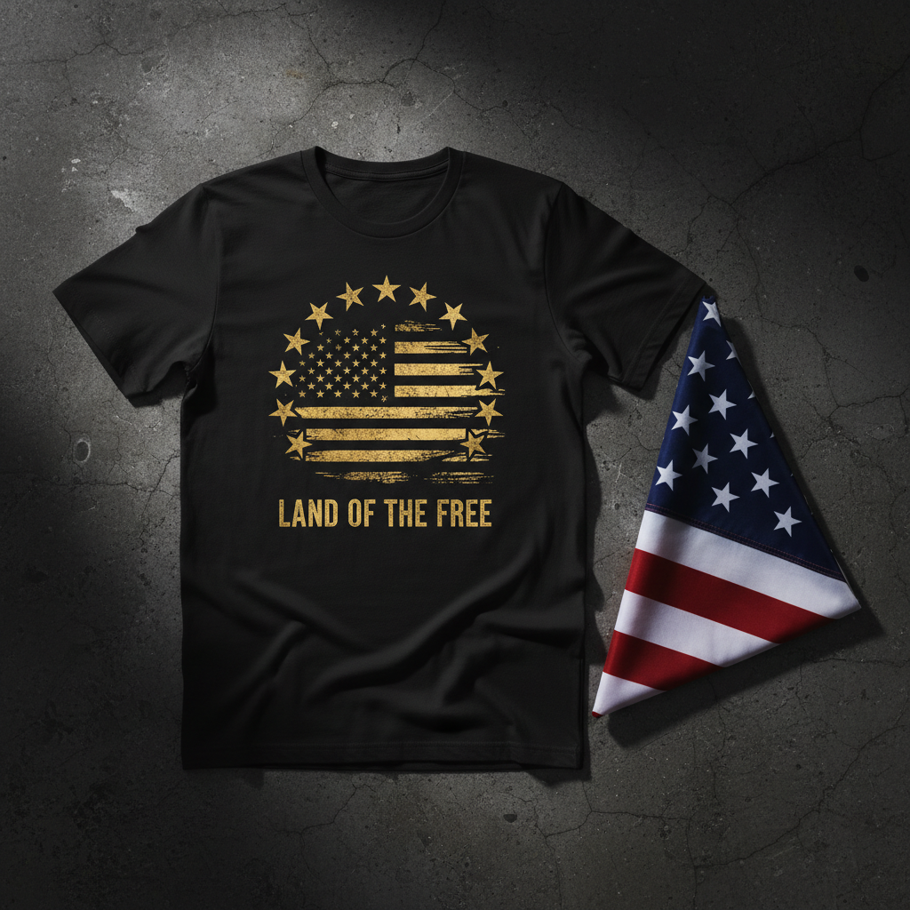 Flat lay of Eagle Edition black T-Shirt with gold stars and American flag