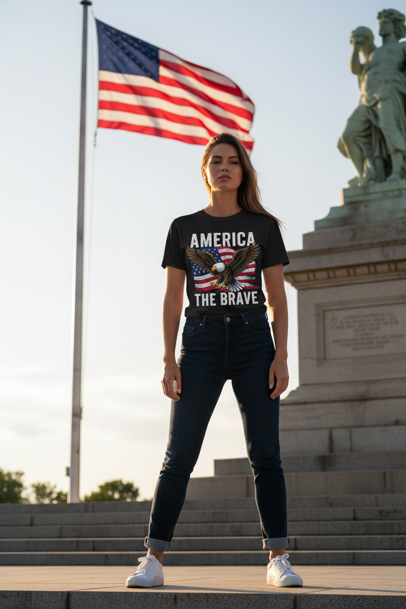 Woman wearing Eagle Edition T-Shirt outdoors near monument